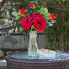 3 Large Stems Artificial Roses Flower in Clear Glass Vase With Faux Water( Red)