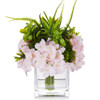 Mixed Pink Artificial Silk Hydrangea Flower Arrangement in Cube Glass Vase With Faux Water