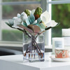 Artificial Real Touch Magnolia Flower Arrangement in Cube Glass Vase With Faux Water(Cream Blue)