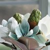Artificial Real Touch Magnolia Flower Arrangement in Cube Glass Vase With Faux Water(Cream Blue)