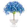 Artificial Real Touch Hydrangea Flower Arrangement in Clear Glass Vase with Plastic Pearl(Blue)
