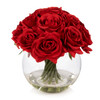 16 Heads Artificial Silk Rose Flowers in Round Glass Vase With Faux Water(Red)
