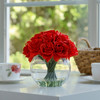 16 Heads Artificial Silk Rose Flowers in Round Glass Vase With Faux Water(Red)