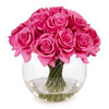 16 Heads Artificial Silk Rose Flowers in Round Glass Vase With Faux Water(Fushia)