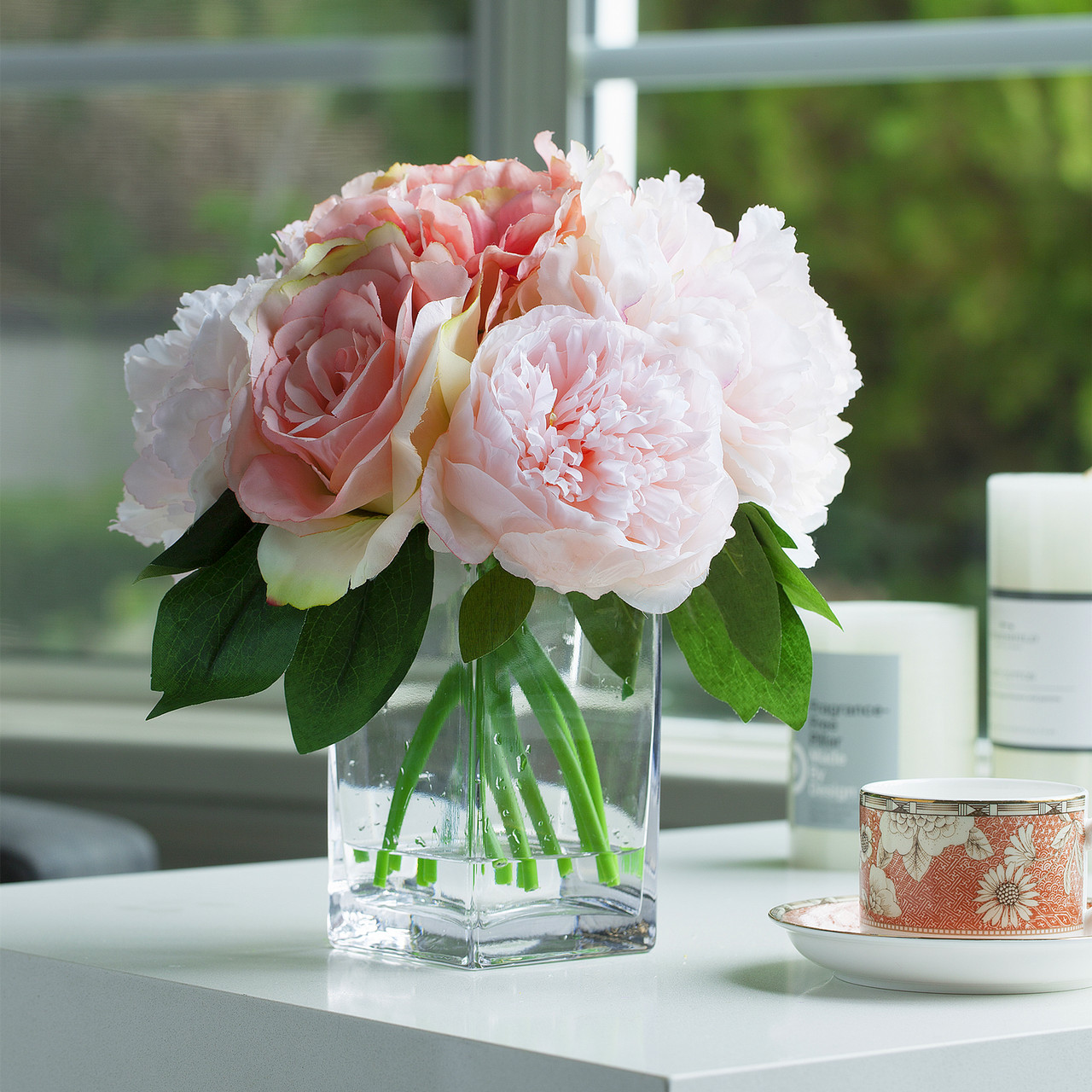 Mixed Artificial Peony Rose and Hydrangea Flower With Clear Glass Vase