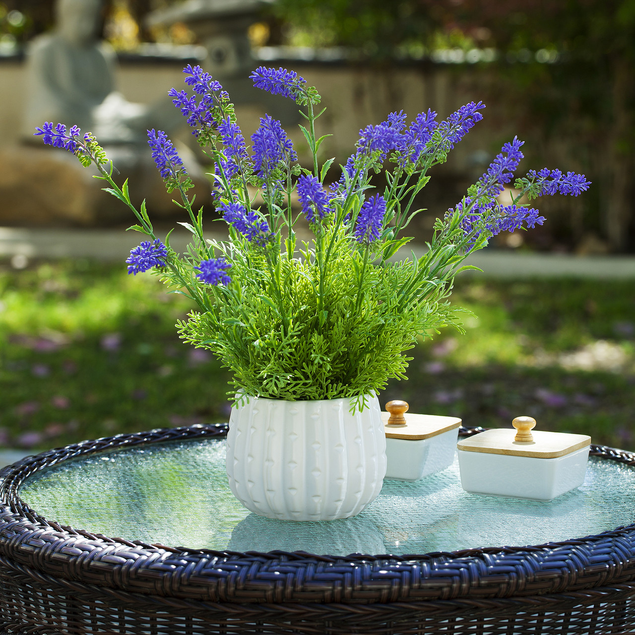 Artificial Lavender Flower in White Ceramic Pot