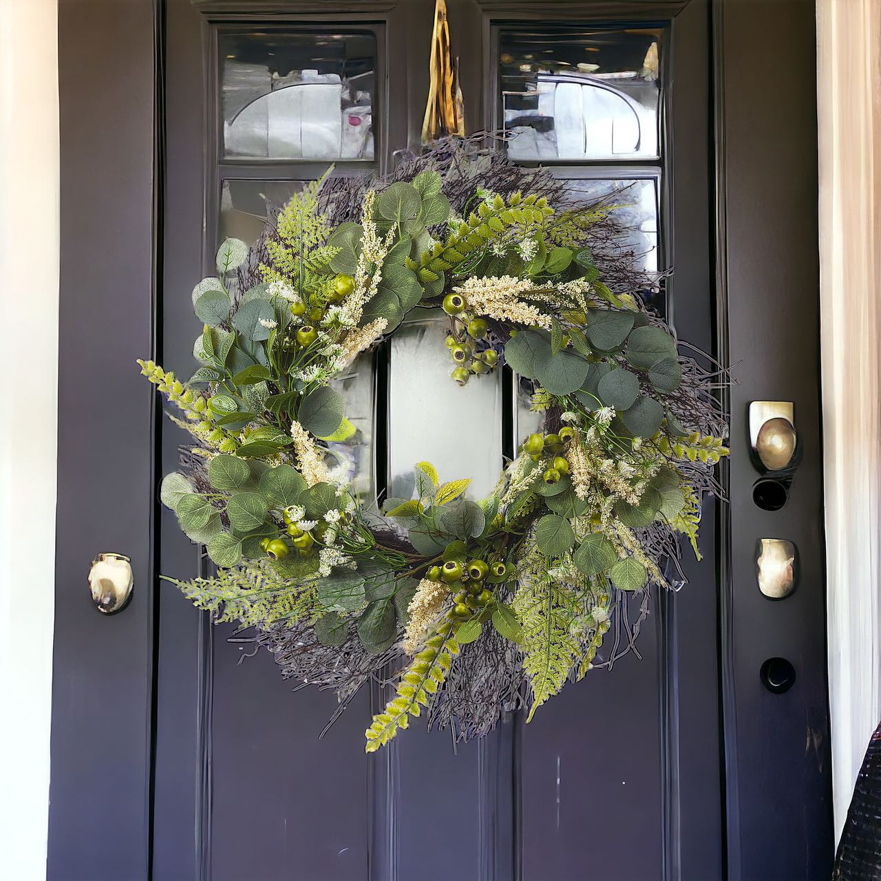 24" Artificial Eucalyptus Leaves Wreath with Green Berry for Front Door
