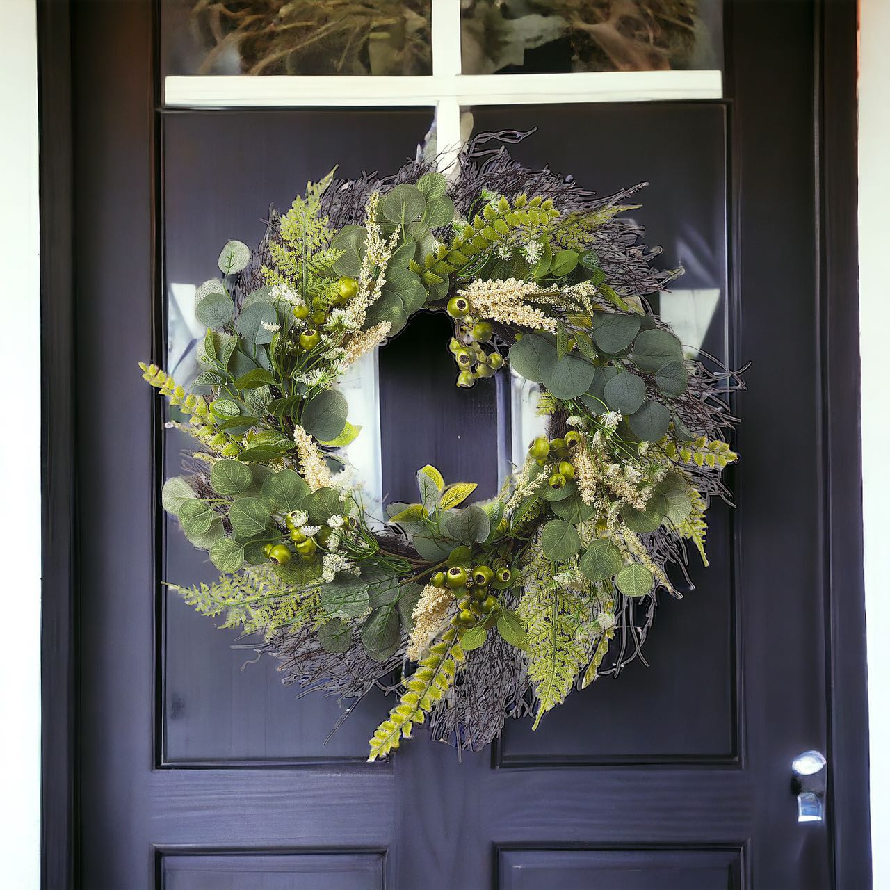24" Artificial Eucalyptus Leaves Wreath with Green Berry for Front Door