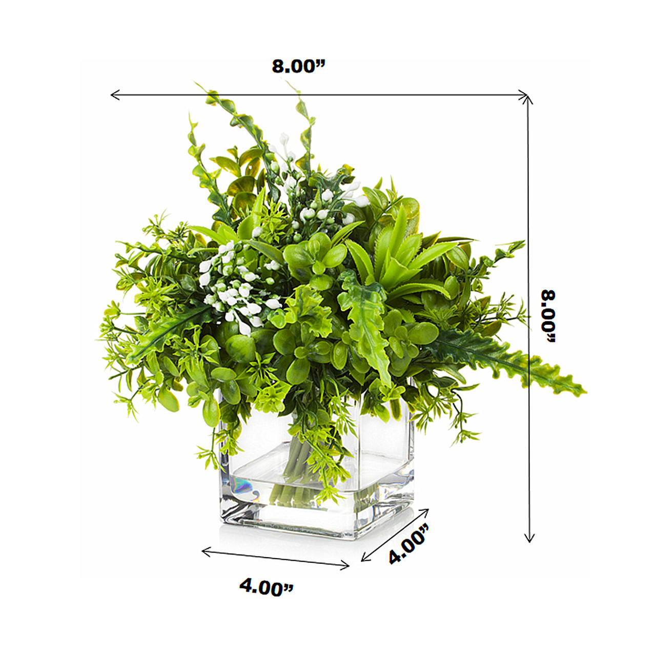 8  inches Artificial Mixed Greenery Foliage Plant in Cube Glass Vase
