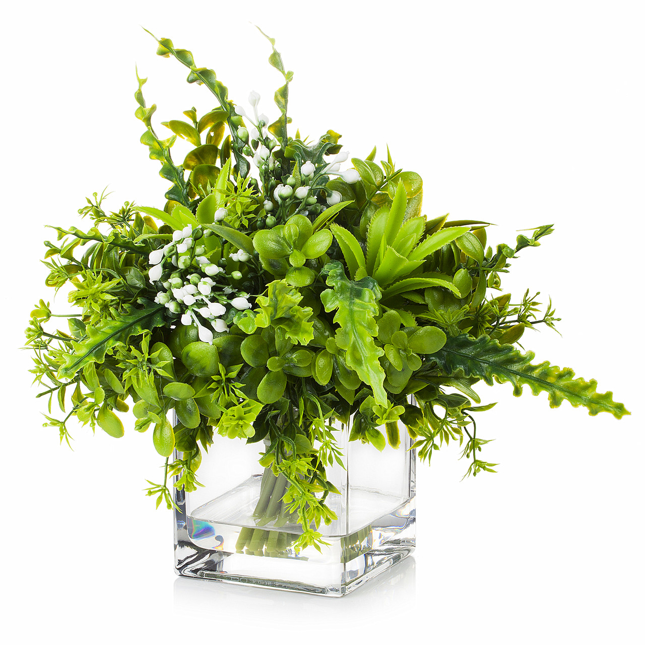 8  inches Artificial Mixed Greenery Foliage Plant in Cube Glass Vase