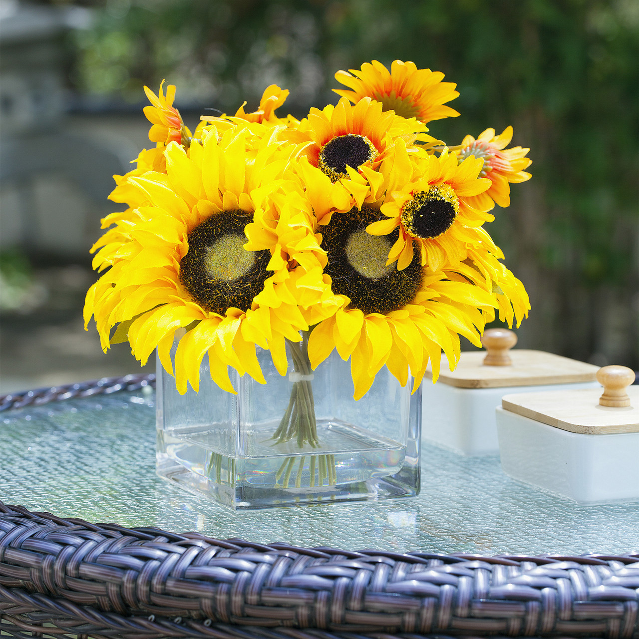 Mixed Artificial Sunflowers Arrangement in Cube Glass Vase