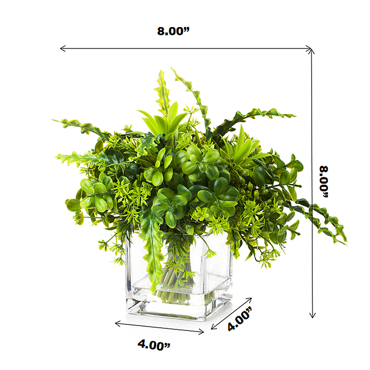 Artificial Mixed Greenery Foliage Plant in Cube Glass Vase