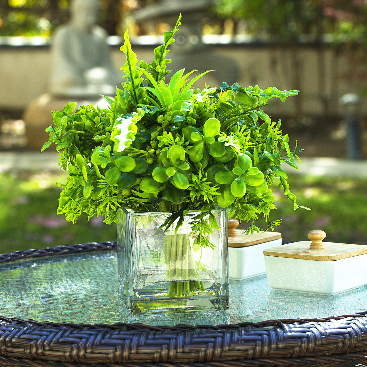 Artificial Mixed Greenery Foliage Plant in Cube Glass Vase