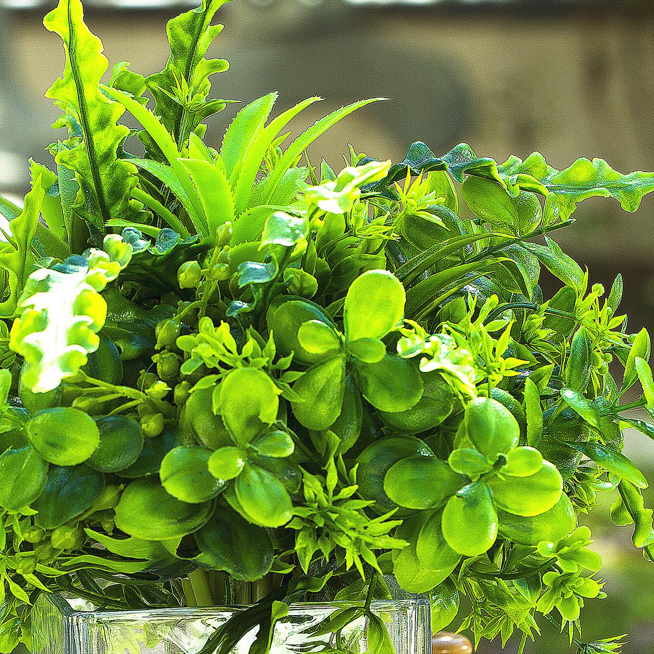 Artificial Mixed Greenery Foliage Plant in Cube Glass Vase