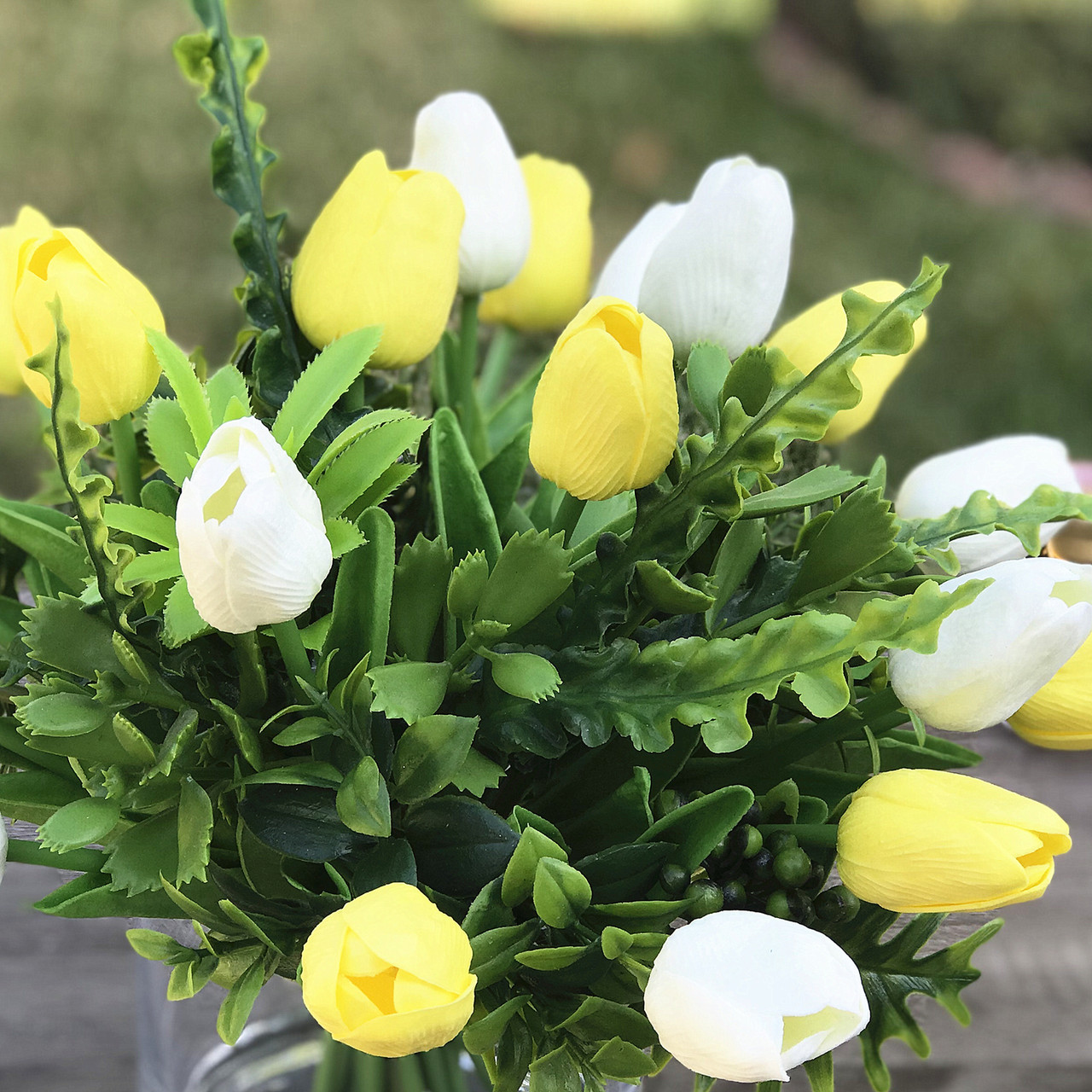 Mixed Artificial Real Touch Tulip Flower Arrangement in Clear Glass Vase