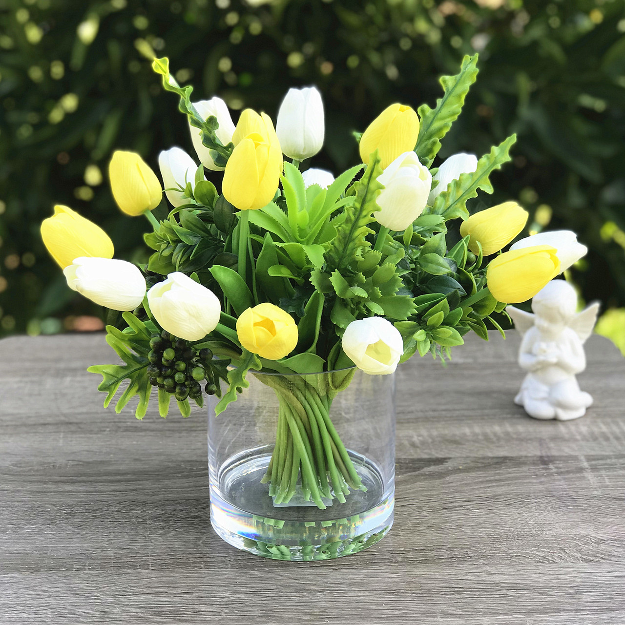 Mixed Artificial Real Touch Tulip Flower Arrangement in Clear Glass Vase