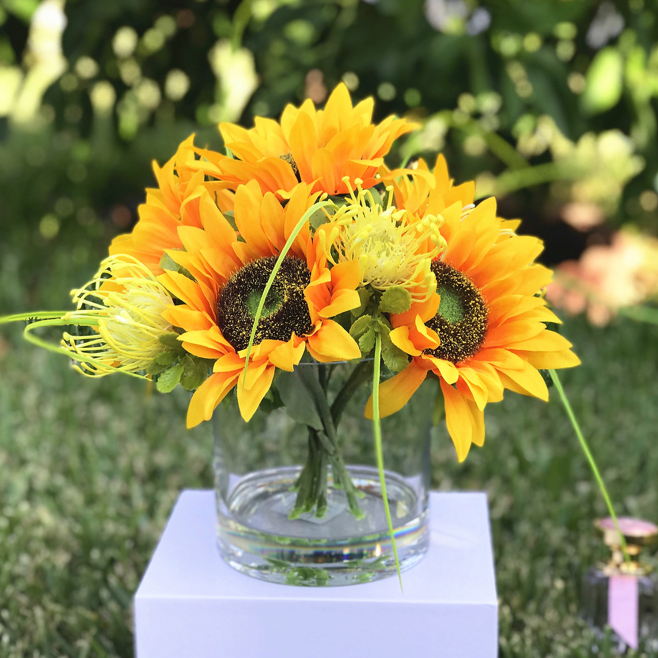 Mixed Artificial Sunflower  Arrangement in Clear Glass Vase