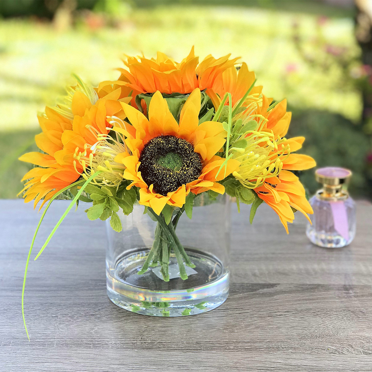 Mixed Artificial Sunflower  Arrangement in Clear Glass Vase