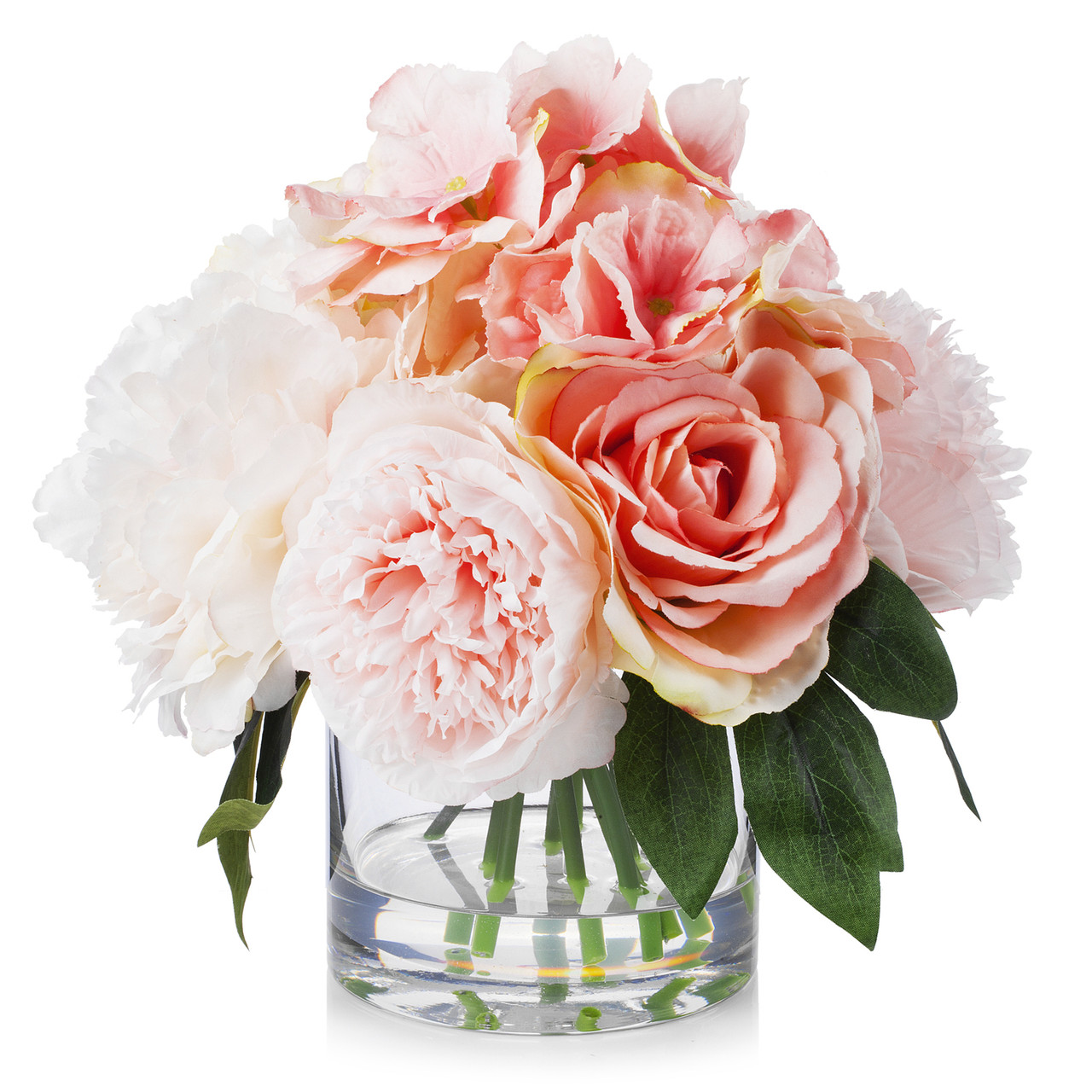 Mixed Artificial Peony and Rose Flower Arrangement in Clear Glass Vase