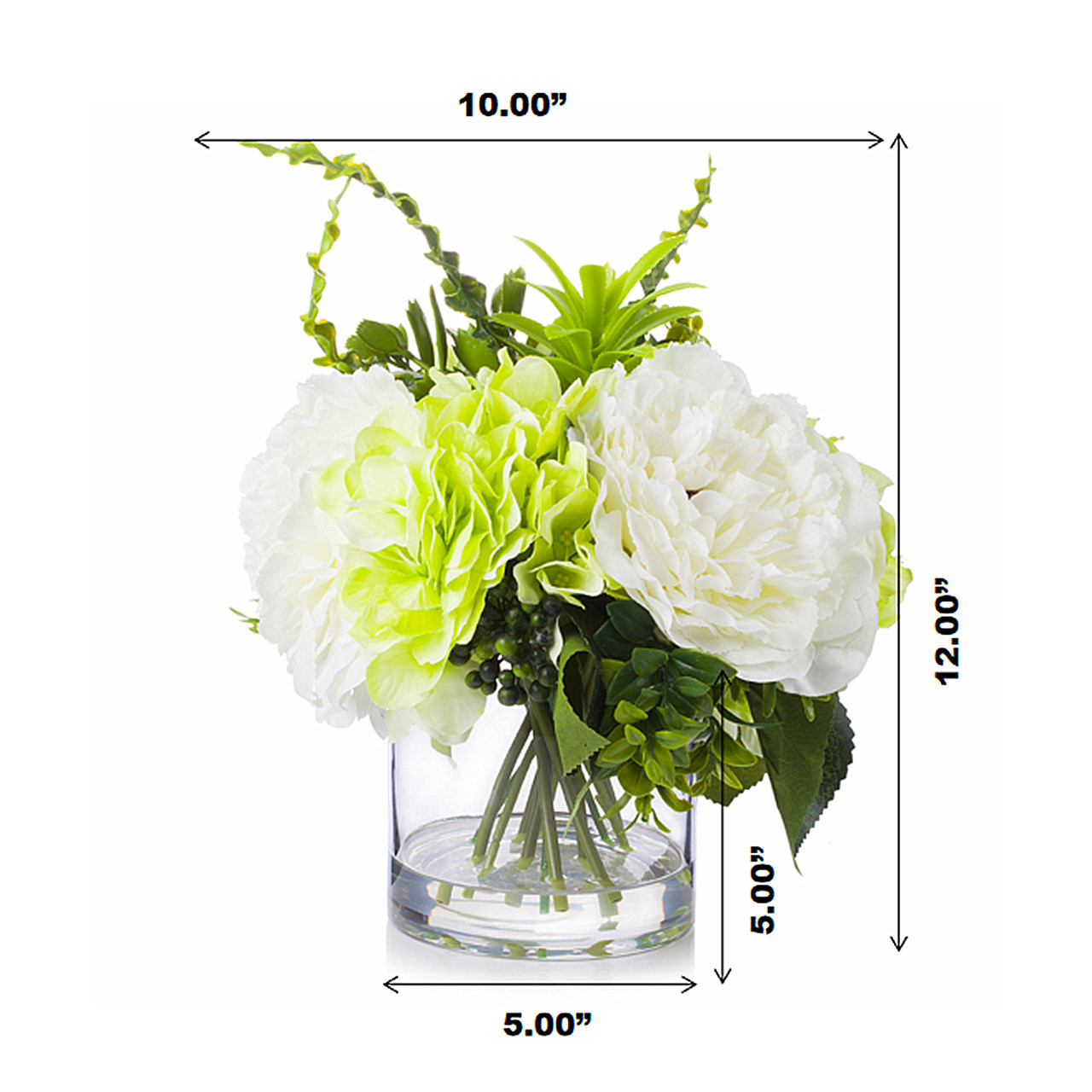 Mixed Artificial Peony and Hydrangea Flower Arrangement in Clear Glass Vase
