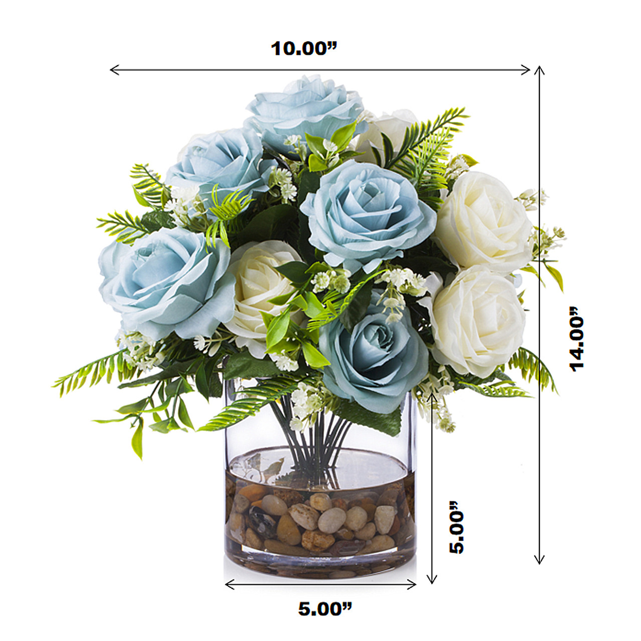 18 Heads Rose Flower Arrangement in Clear Glass Vase with River Rock(Cream Blue)
