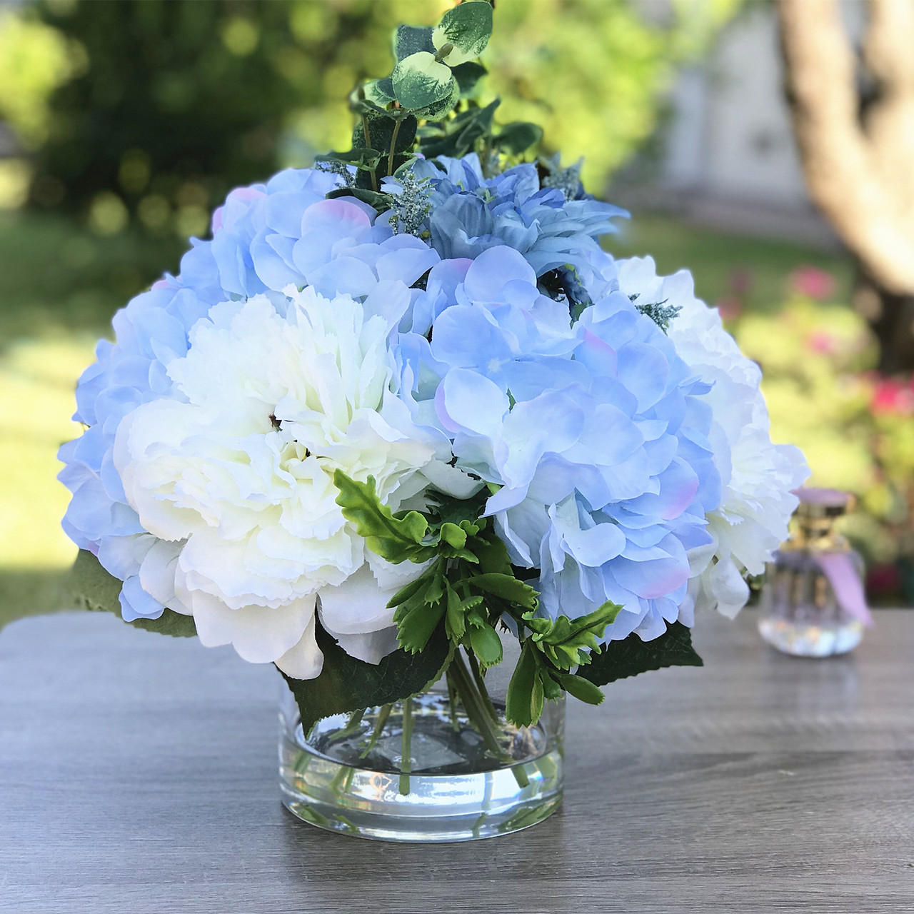 Rose and Hydrangea Faux Flower Arrangement With Clear Glass Vase