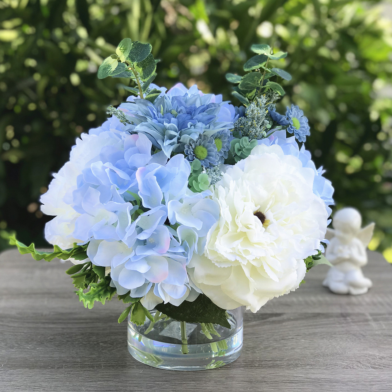 Mixed Artificial Peony and Hydrangea Flower Arrangement in Clear Glass Vase(Cream Blue)