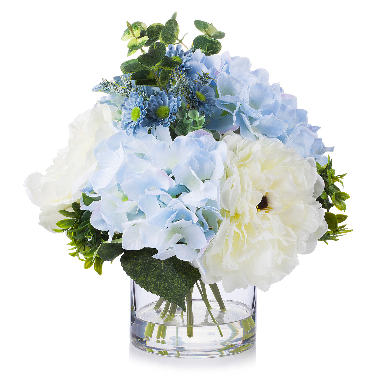 Mixed Artificial Peony and Hydrangea Flower Arrangement in Clear Glass Vase(Cream Blue)