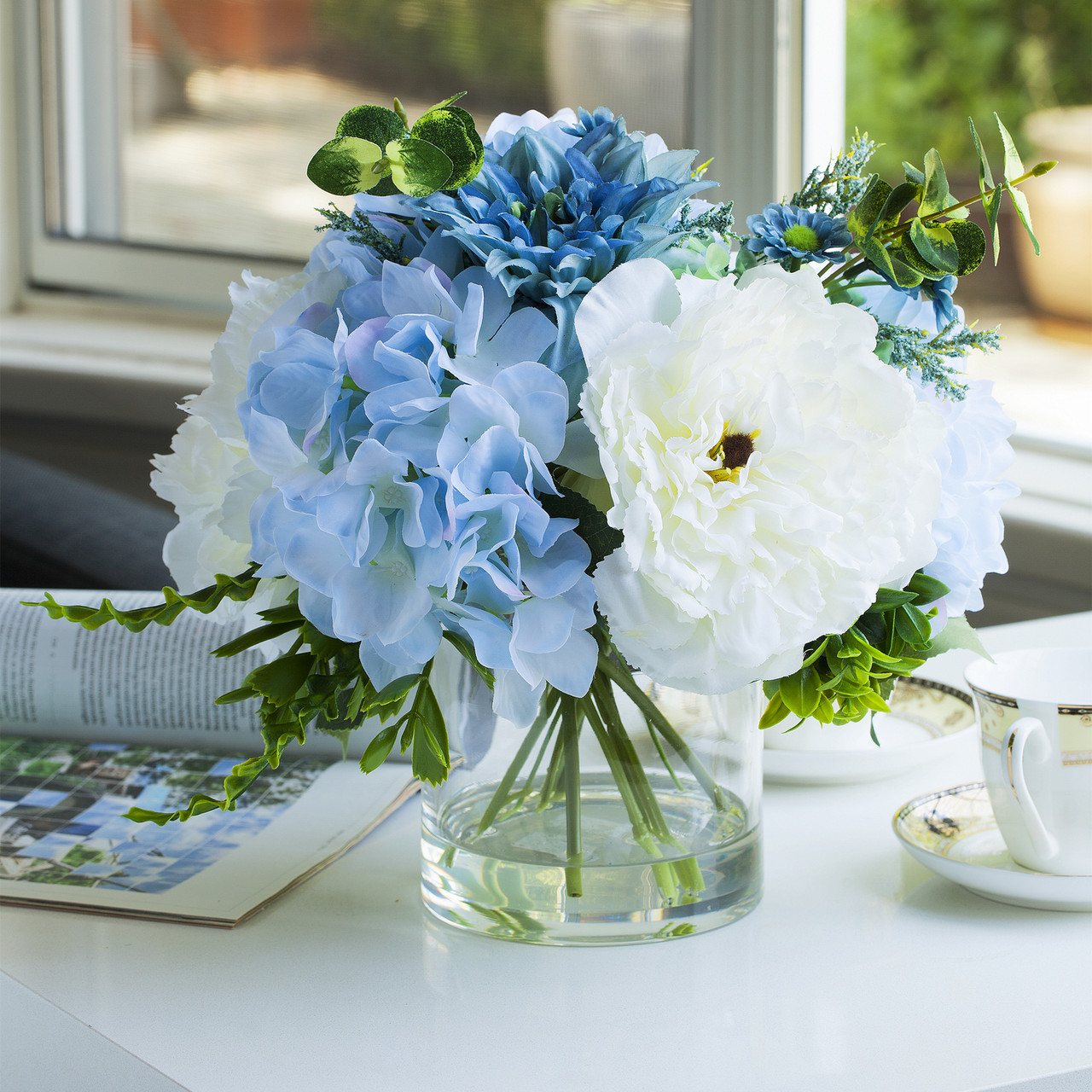 Mixed Artificial Peony and Hydrangea Flower Arrangement in Clear Glass Vase(Cream Blue)