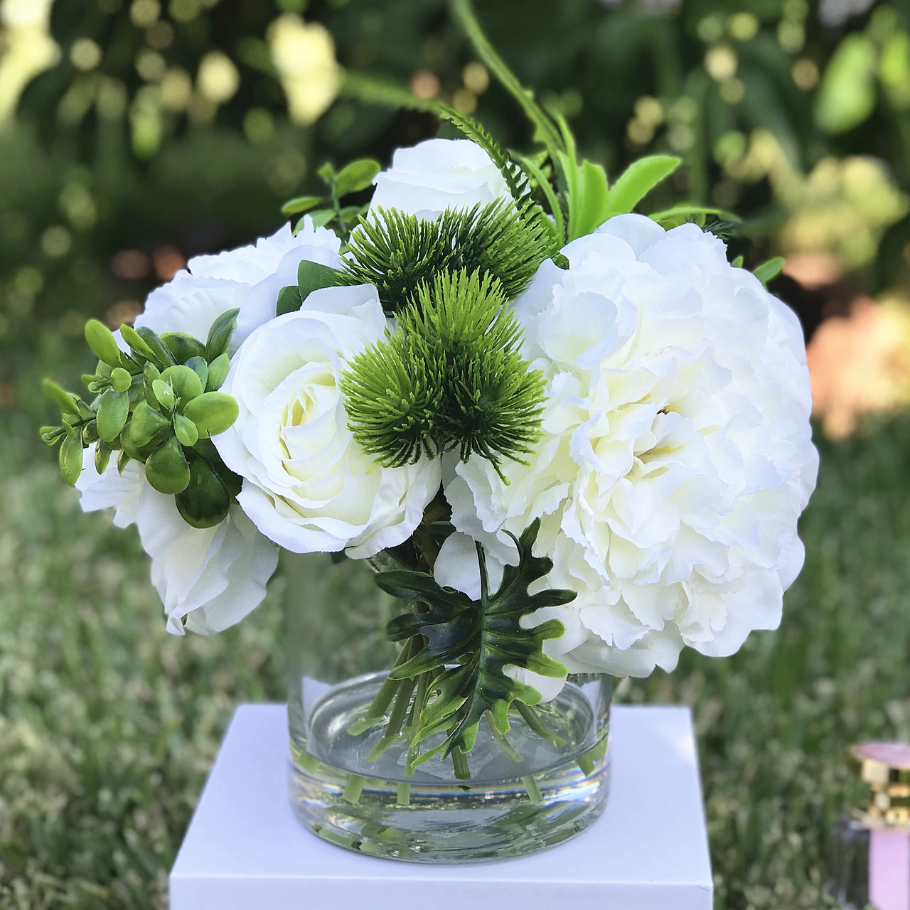 Artificial Peony and Rose Flower Arrangement in Clear Glass Vase