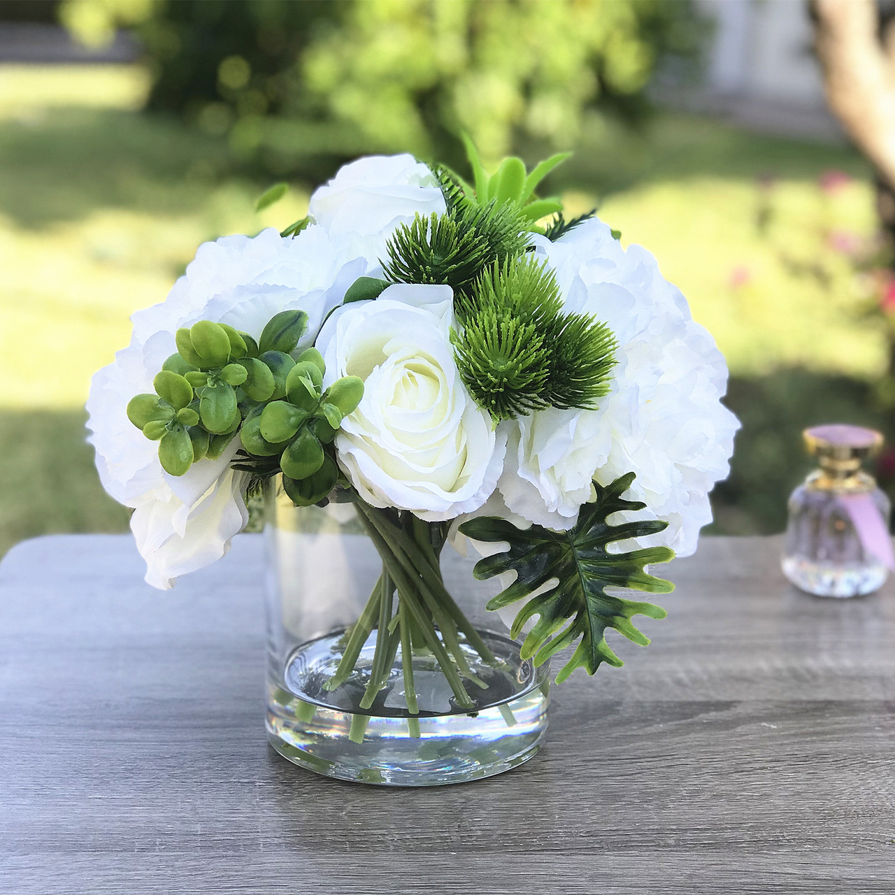 Artificial Peony and Rose Flower Arrangement in Clear Glass Vase