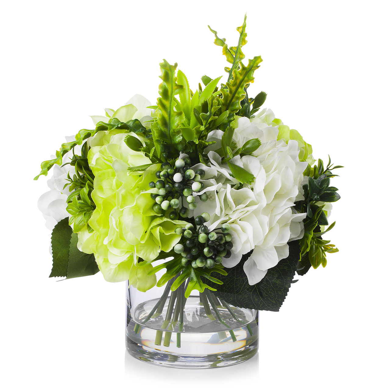 Mixed Artificial Silk Hydrangea Flower Arrangement in Clear Glass Vase