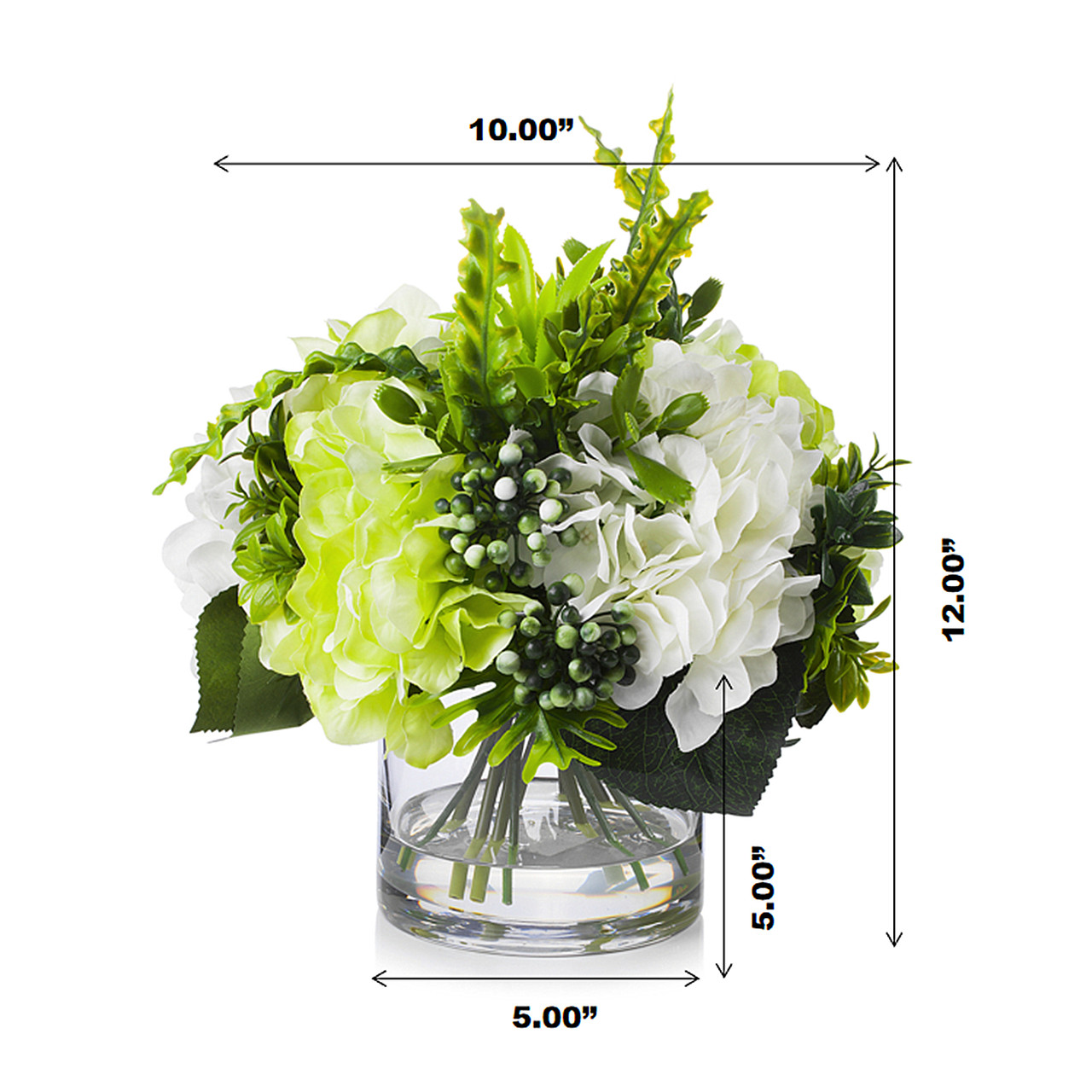 Mixed Artificial Silk Hydrangea Flower Arrangement in Clear Glass Vase