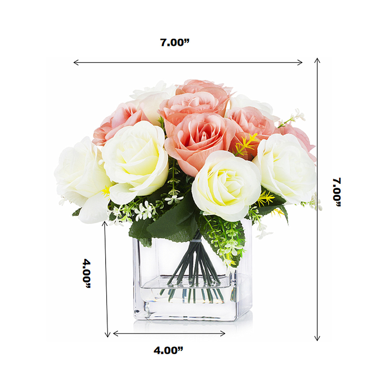 18 Heads Silk Roses Flower Arrangement in Clear Glass Vase With Faux Water(Cream Pink)