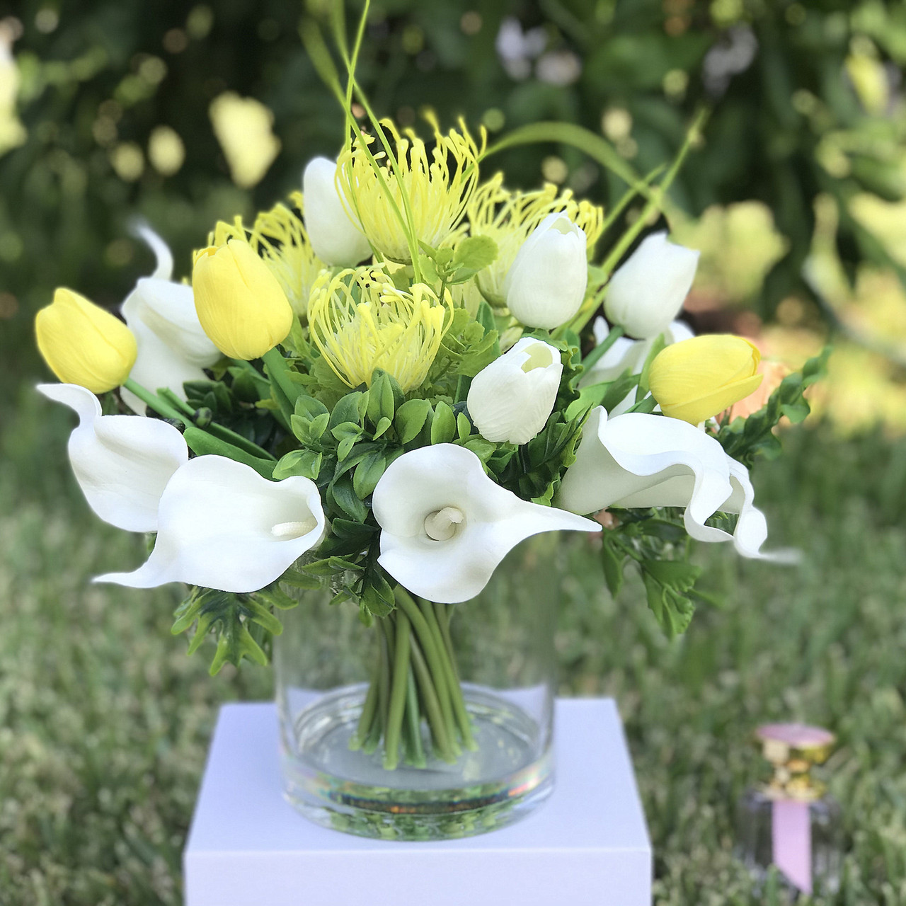 Mixed Artificial Real Touch Tulip and Lily Flower Arrangement in Clear Glass Vase