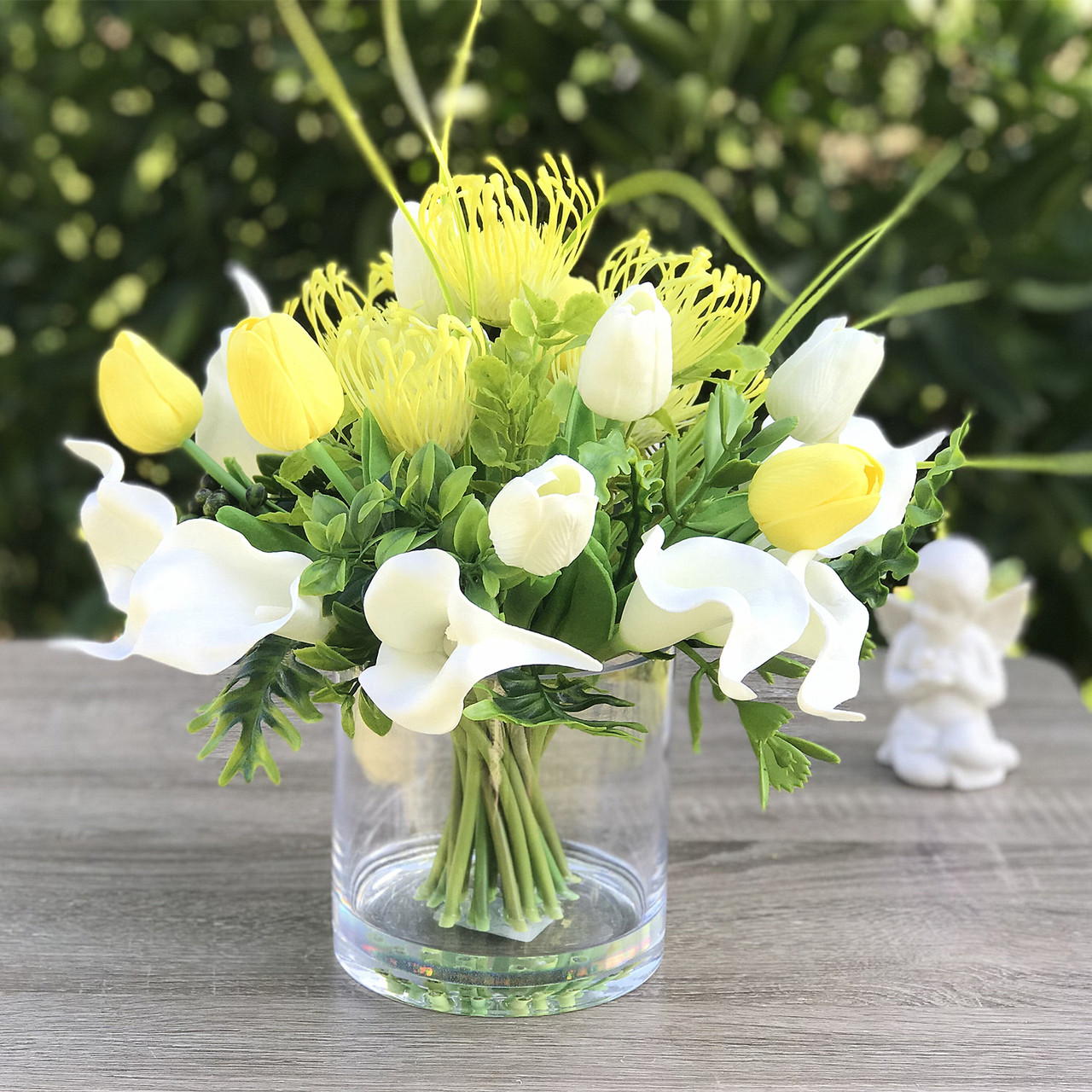 Mixed Artificial Real Touch Tulip and Lily Flower Arrangement in Clear Glass Vase