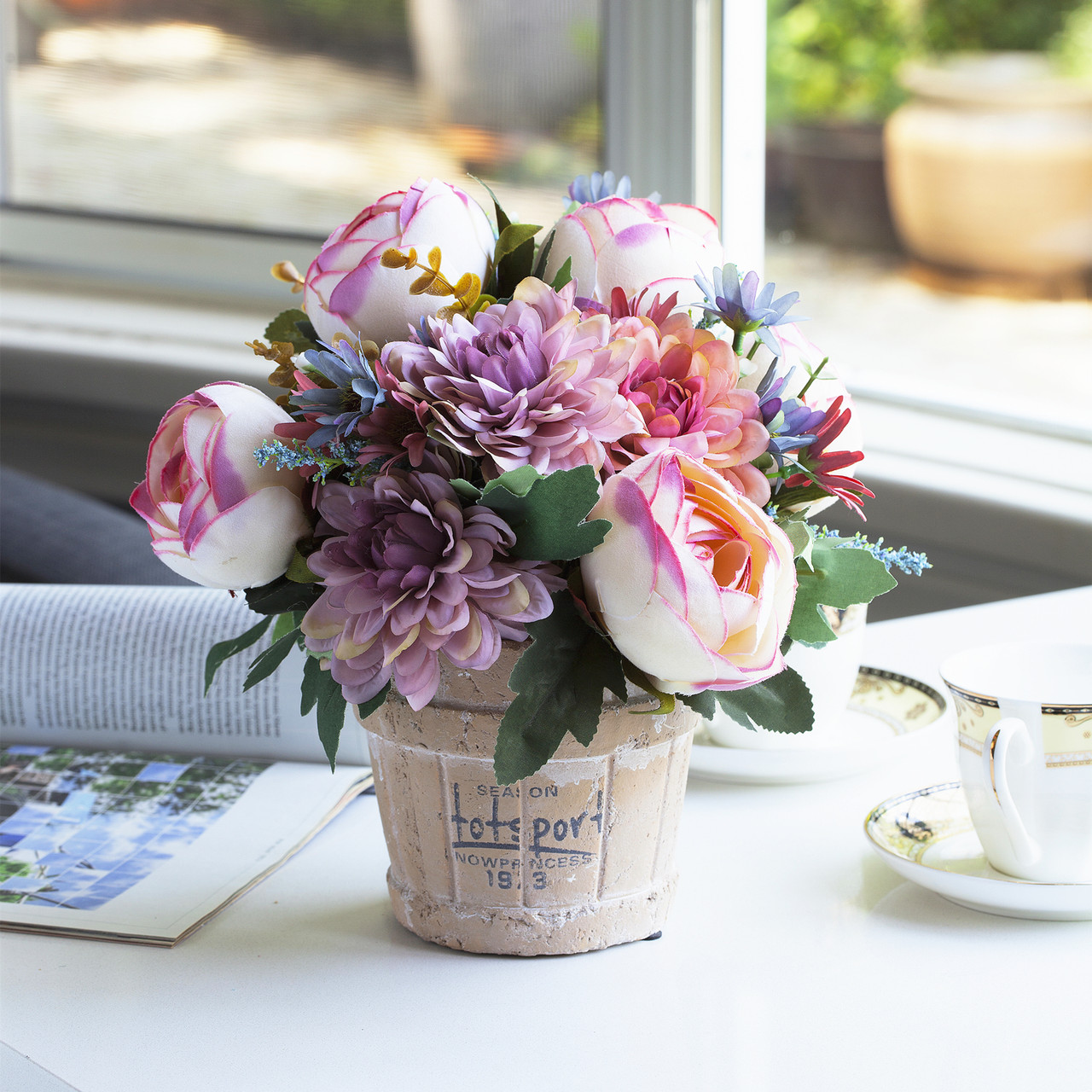 Mixed Daisy and Peony  Flower Arrangement in Pot