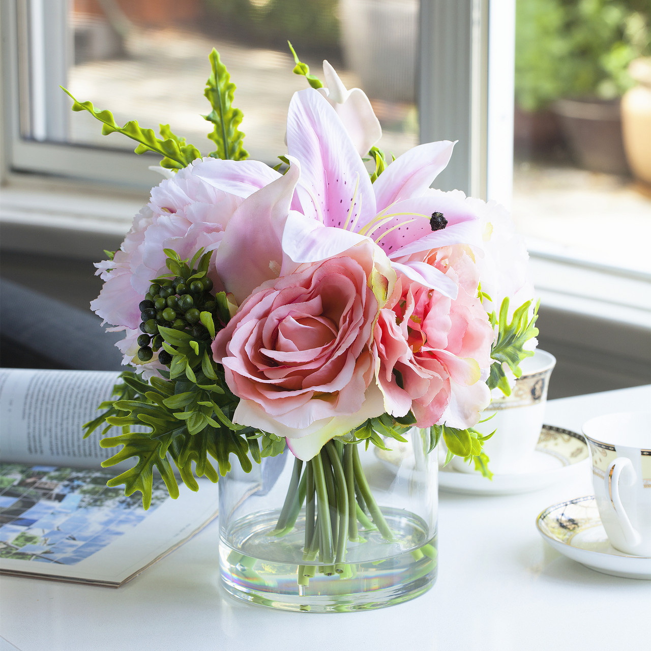 Mixed Rose and Lily Flower Arrangement in Clear Glass Vase
