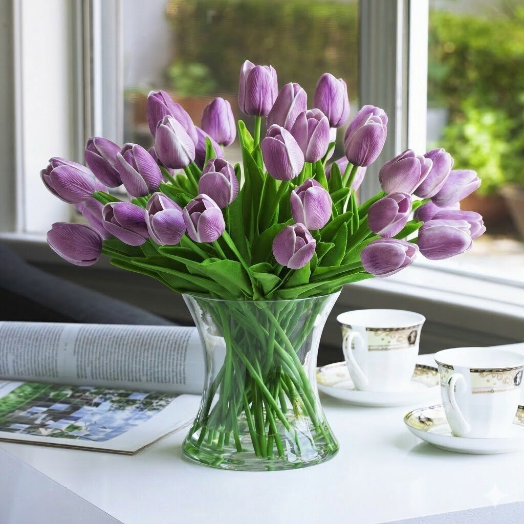 40 Pieces  Artificial Real Touch Tulip Arrangement in Clear Glass Vase
