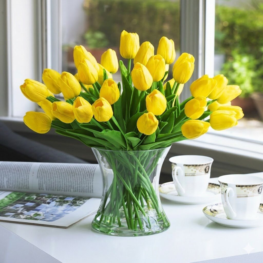 Large  Artificial Real Touch Tulip Arrangement in Clear Glass Vase
