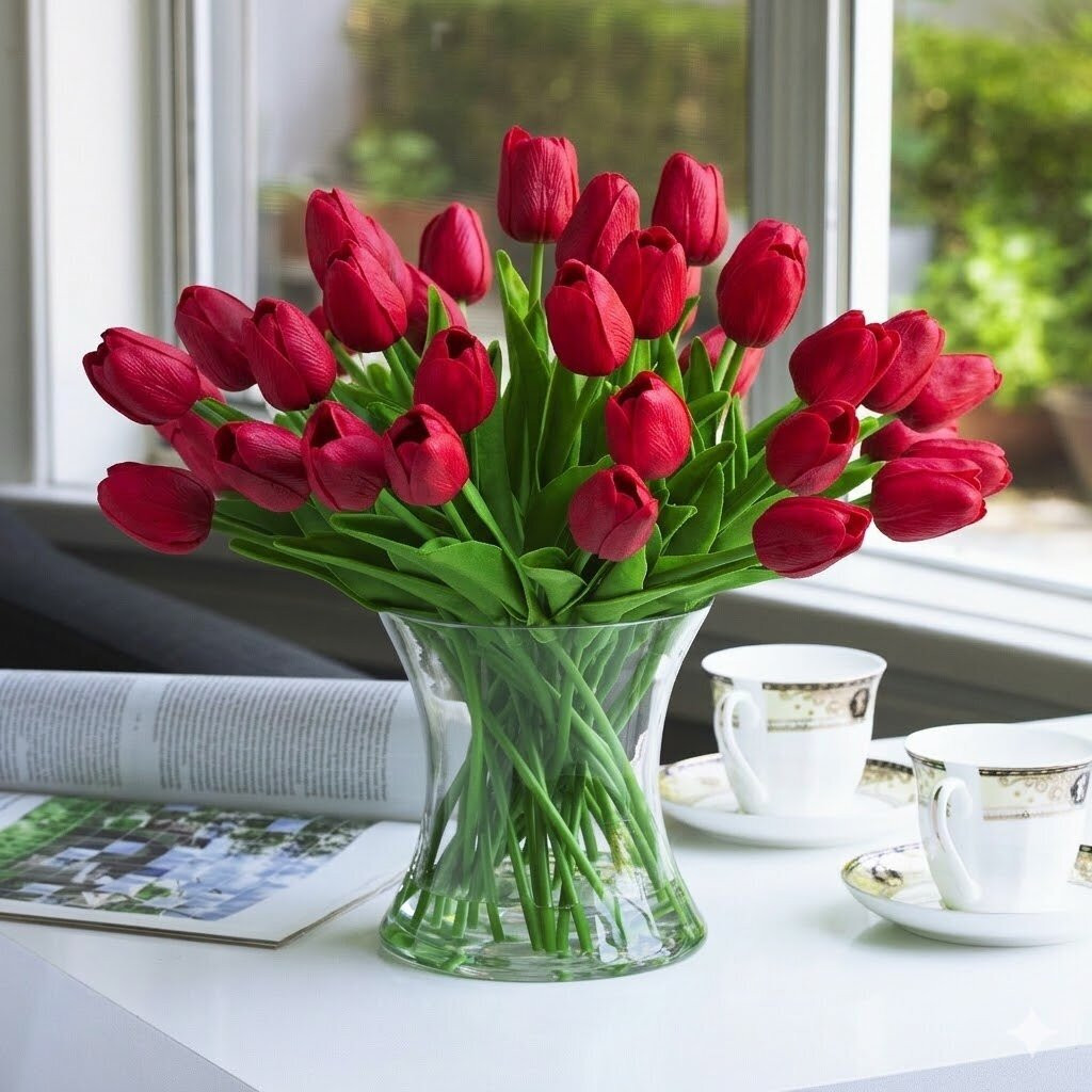 Large  Artificial Real Touch Tulip Arrangement in Clear Glass Vase