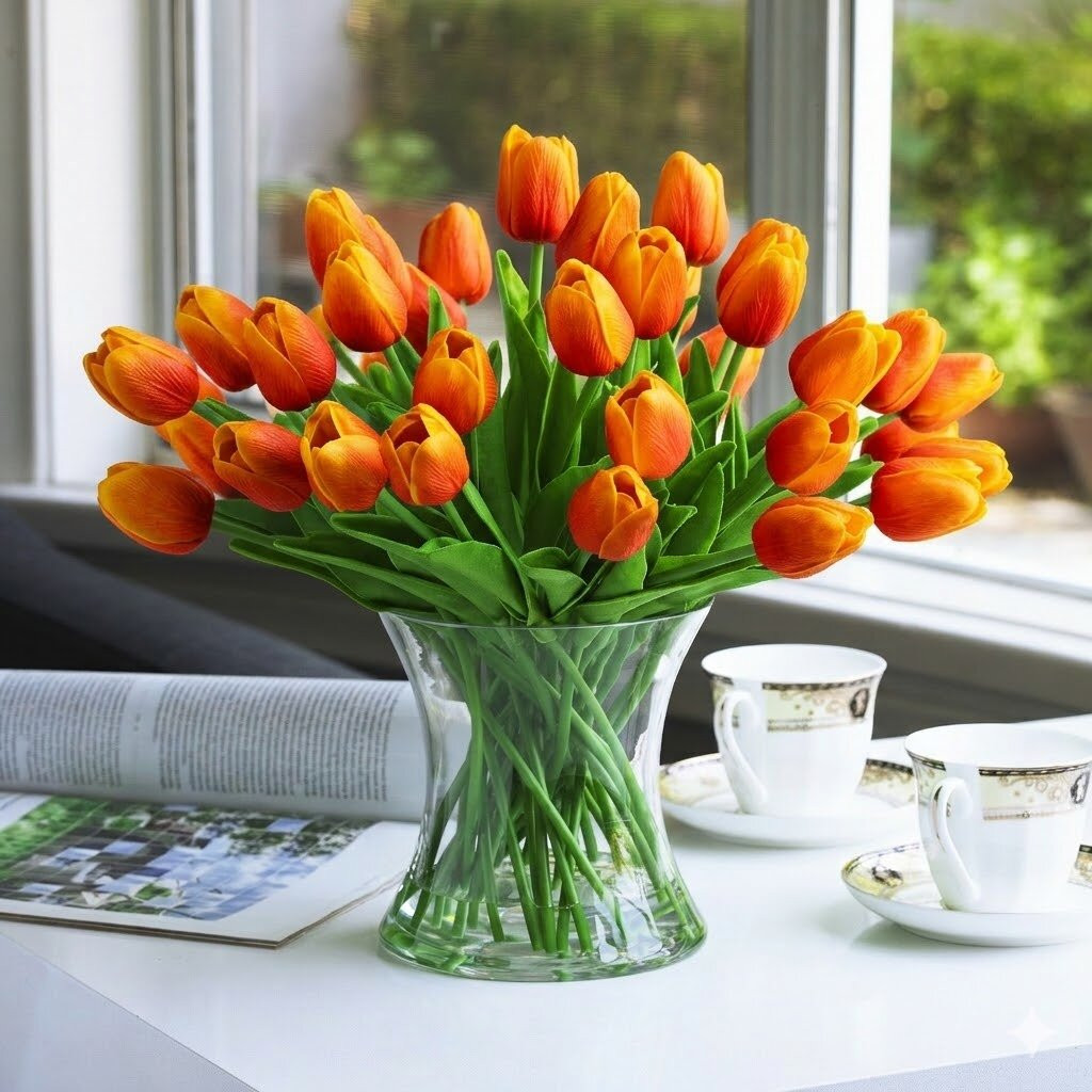 Large  Artificial Real Touch Tulip Arrangement in Clear Glass Vase