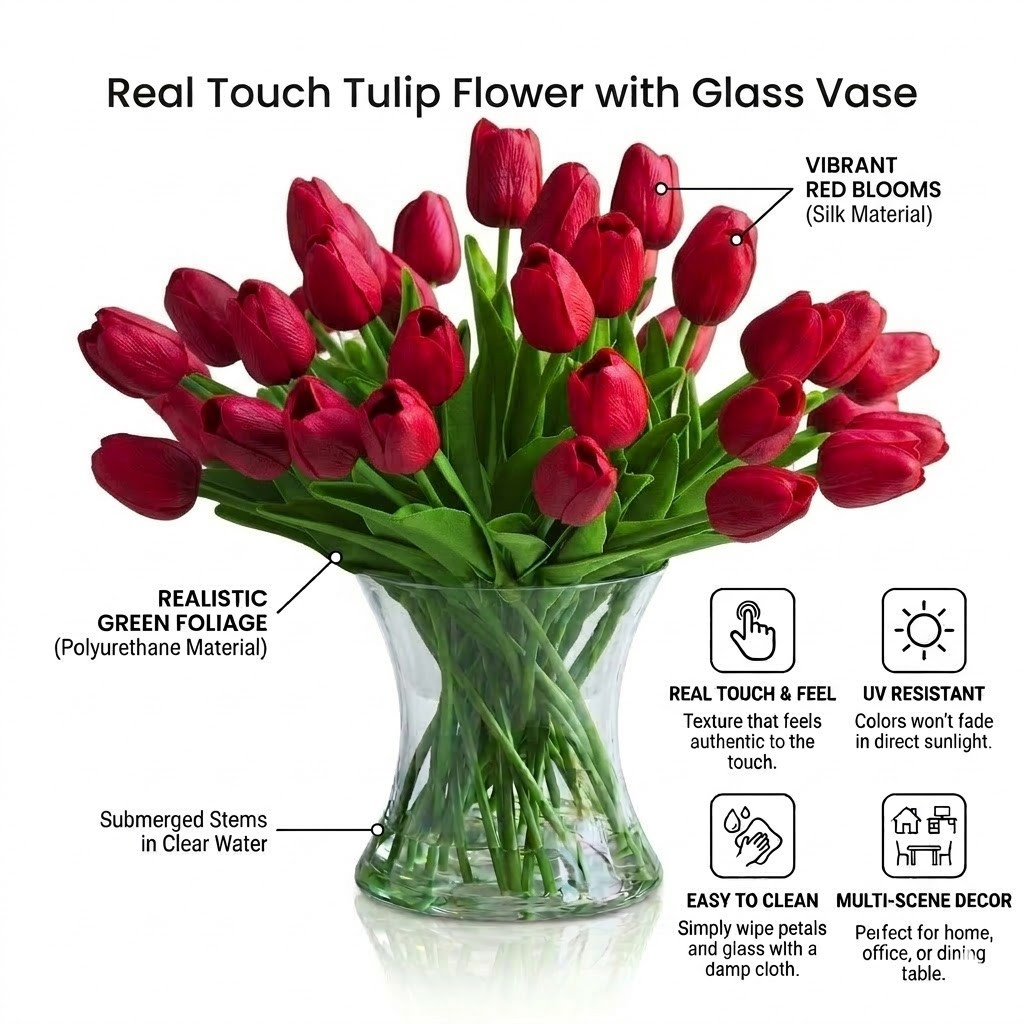 40 Pieces  Artificial Real Touch Tulip Arrangement in Clear Glass Vase