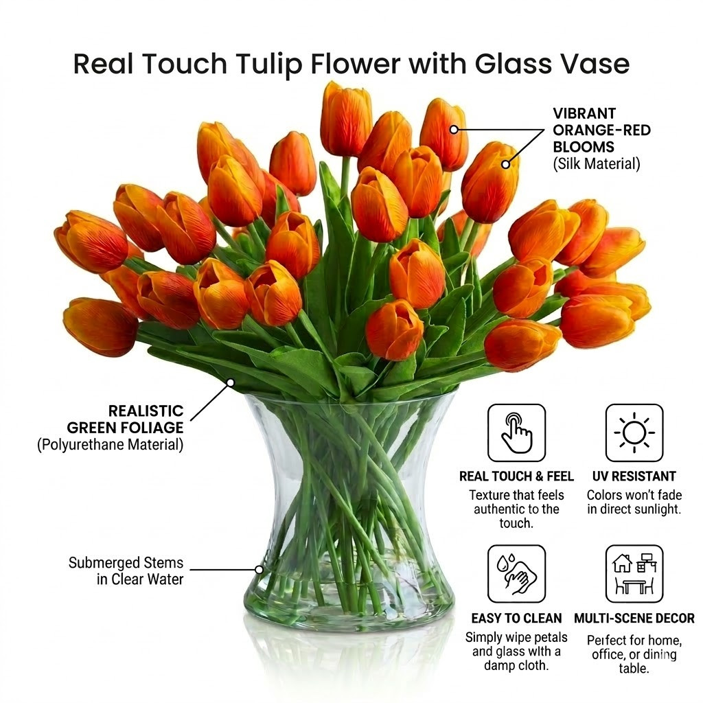 Large  Artificial Real Touch Tulip Arrangement in Clear Glass Vase