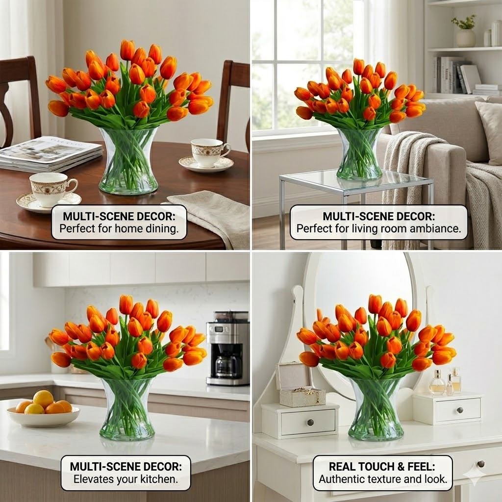 Large  Artificial Real Touch Tulip Arrangement in Clear Glass Vase