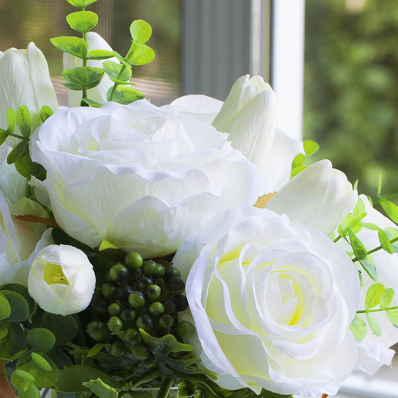 Artificial Real Touch Tulip and Rose Flower Arrangement in Clear Glass Vase