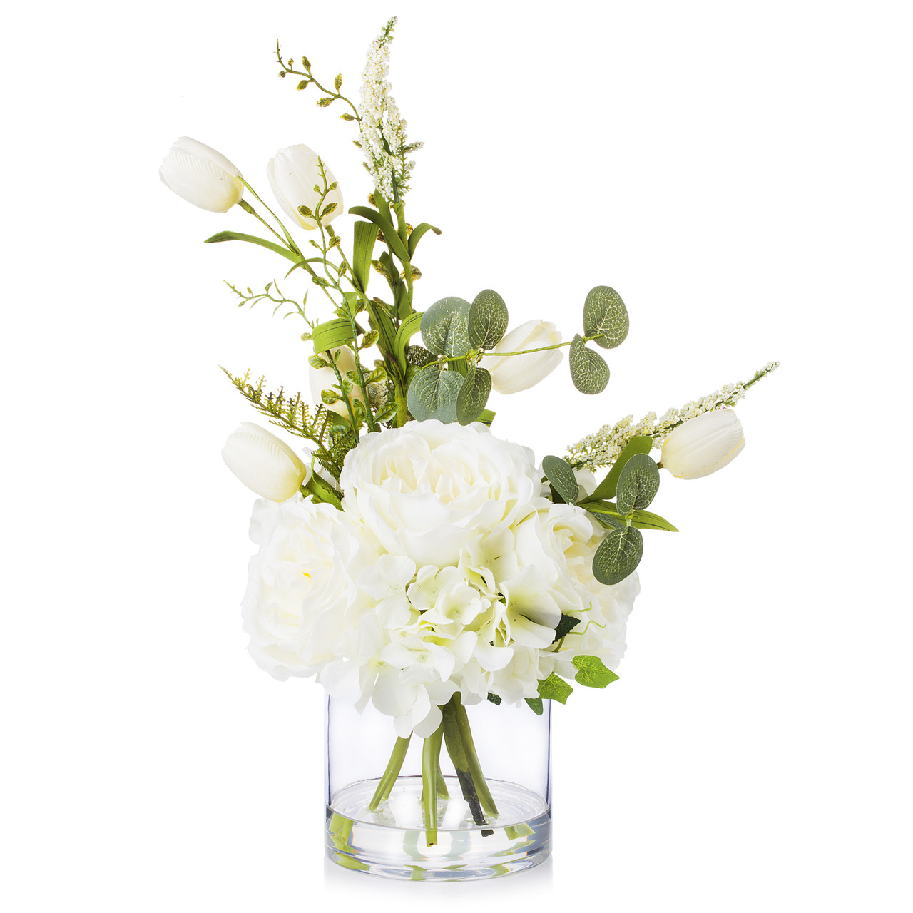 Mixed Peony Hydrangea and Tulip Flower Arrangement in Clear Glass Vase