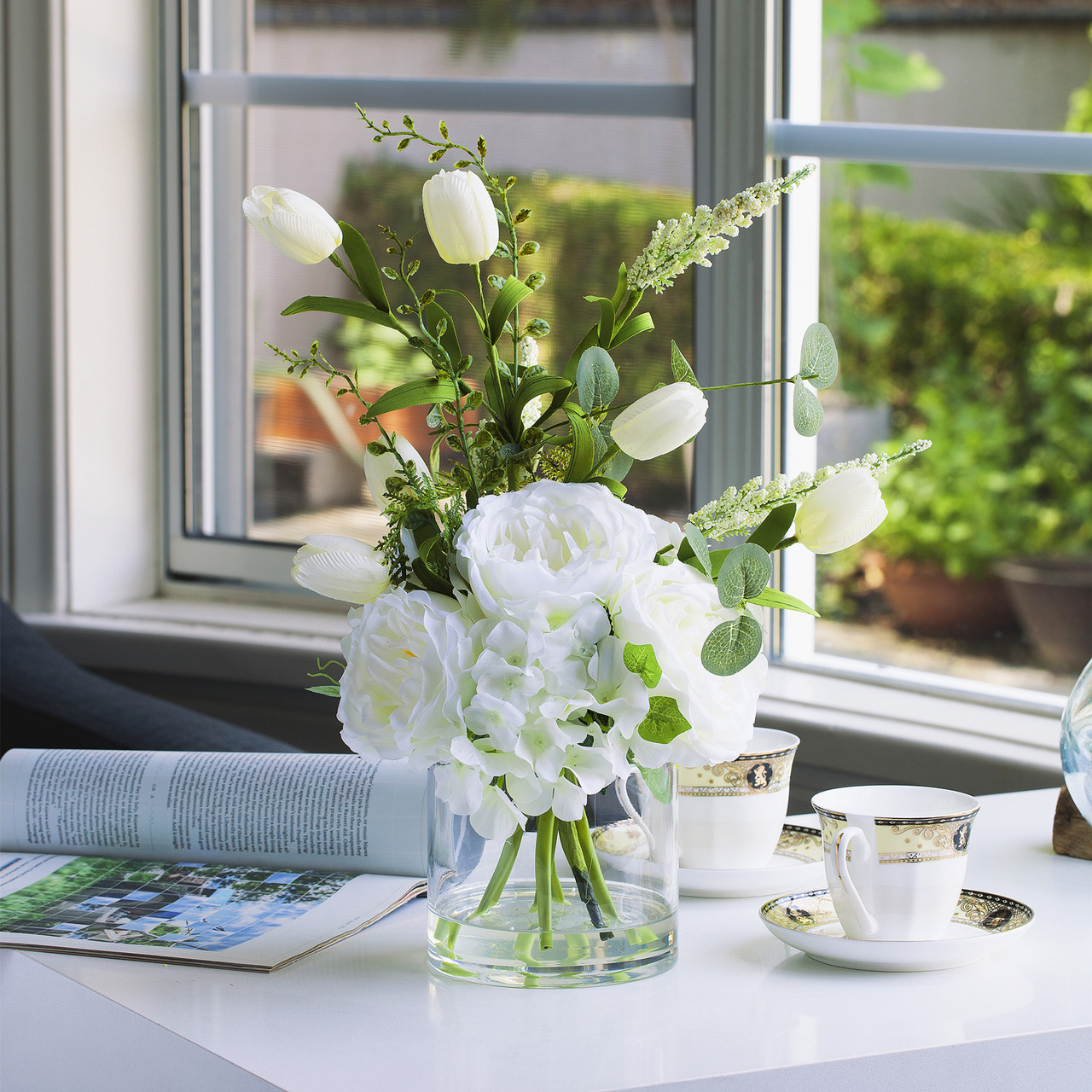Mixed Peony Hydrangea and Tulip Flower Arrangement in Clear Glass Vase