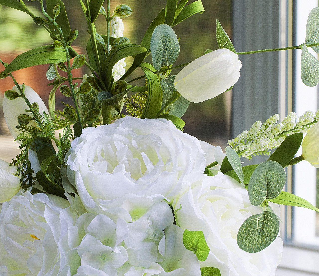 Mixed Peony Hydrangea and Tulip Flower Arrangement in Clear Glass Vase