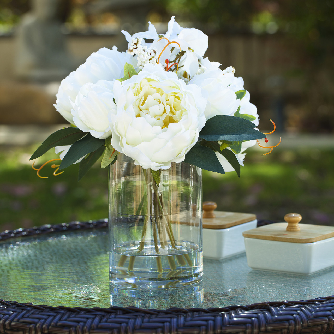 Mixed Artificial Peony and Hydrangea Flower Arrangement in Cube Glass Vase With Faux Water(Cream)